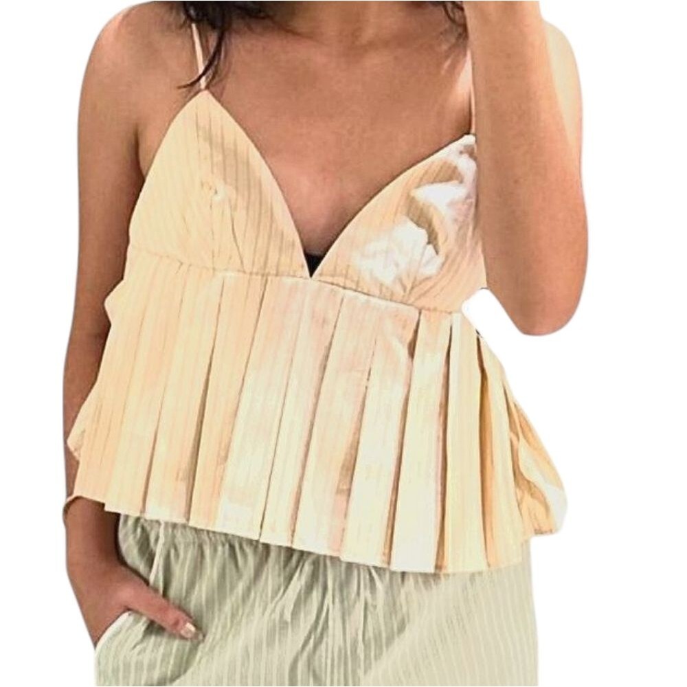 Zara Tank Top Pinstriped Crop Babydoll Peplum V Neck Straps Cotton Cream Pink S